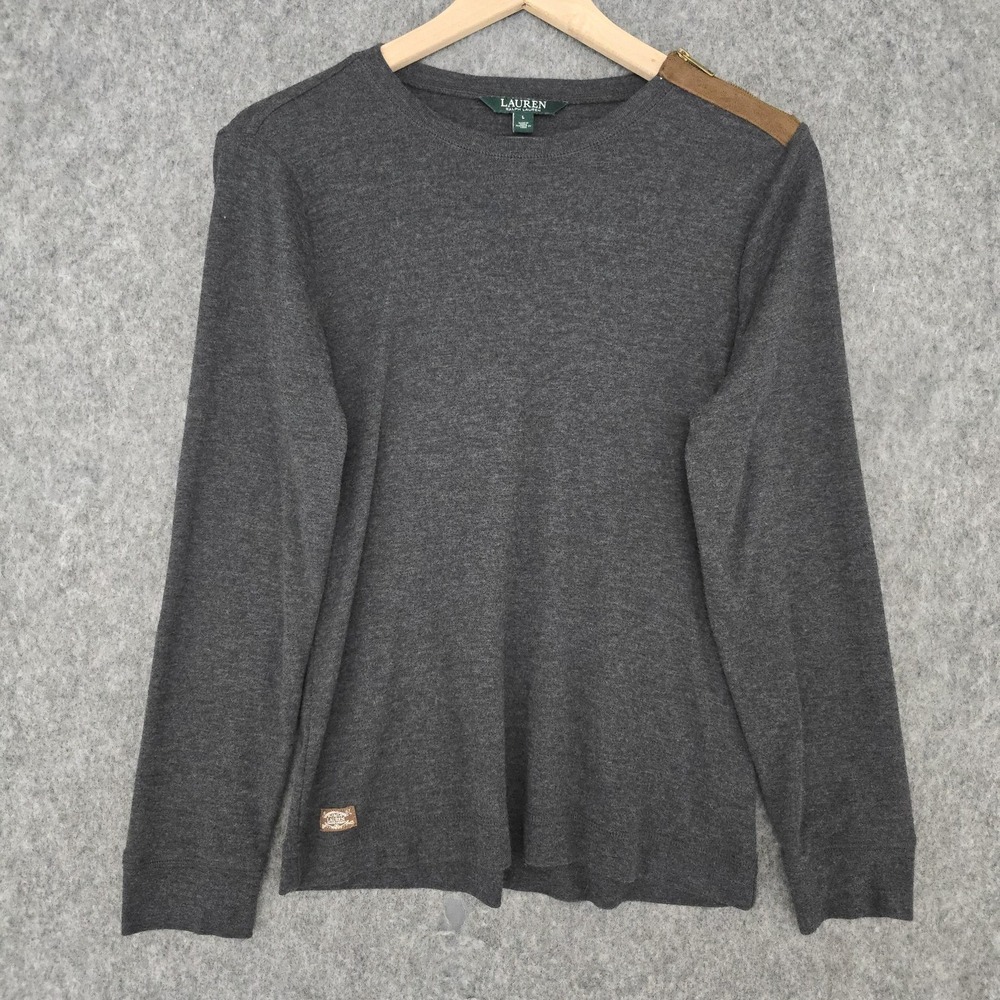 Lauren Ralph Lauren Sweater‎ Womens L Gray Elbow Patch Crewneck Zip Shoulder